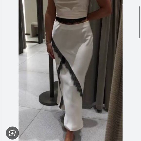Zara NWT satin effect lace midi skirt cream black 3530/896 - Picture 7 of 9
